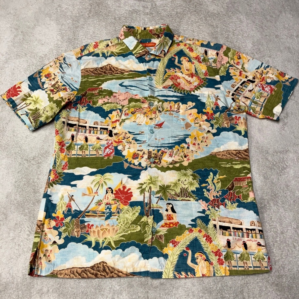 Tori Richard Aloha Hawaiian Shirt Hula Scenic AOP Colorful Made in USA Mens M